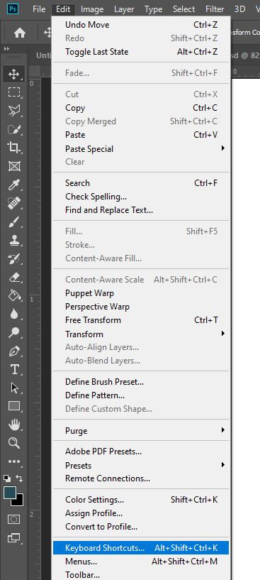 keyboard shortcuts photoshop menu