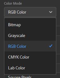 photoshop color mode selection menu for a new document