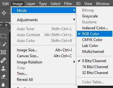 rgb color mode selected in photoshop menu
