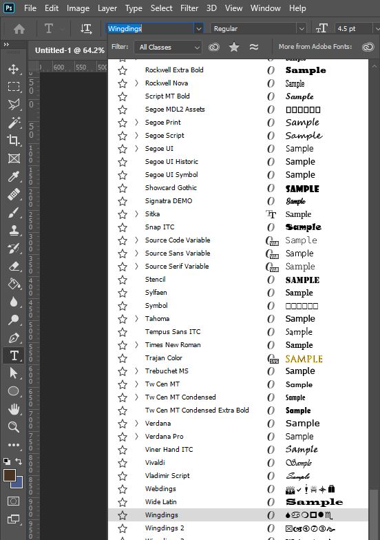 font list type tool photoshop