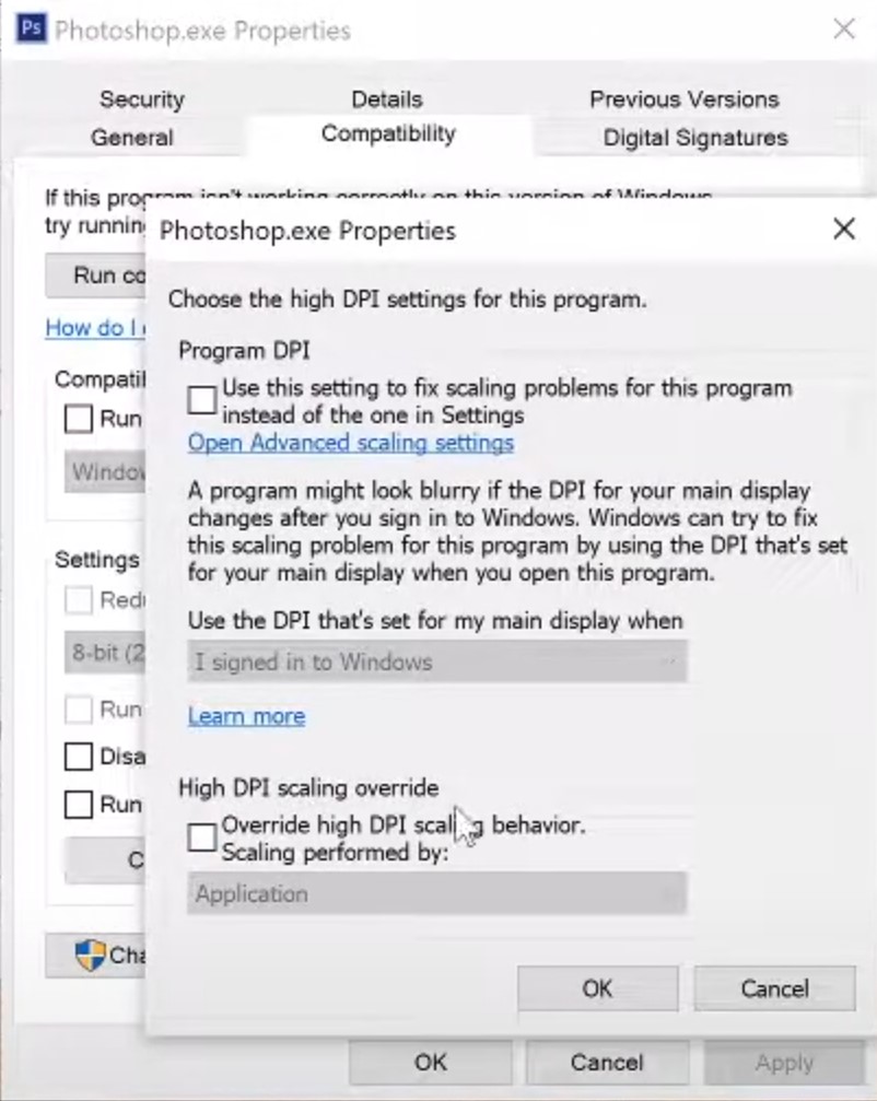 Photoshop.exe compatibility properties high dpi settings