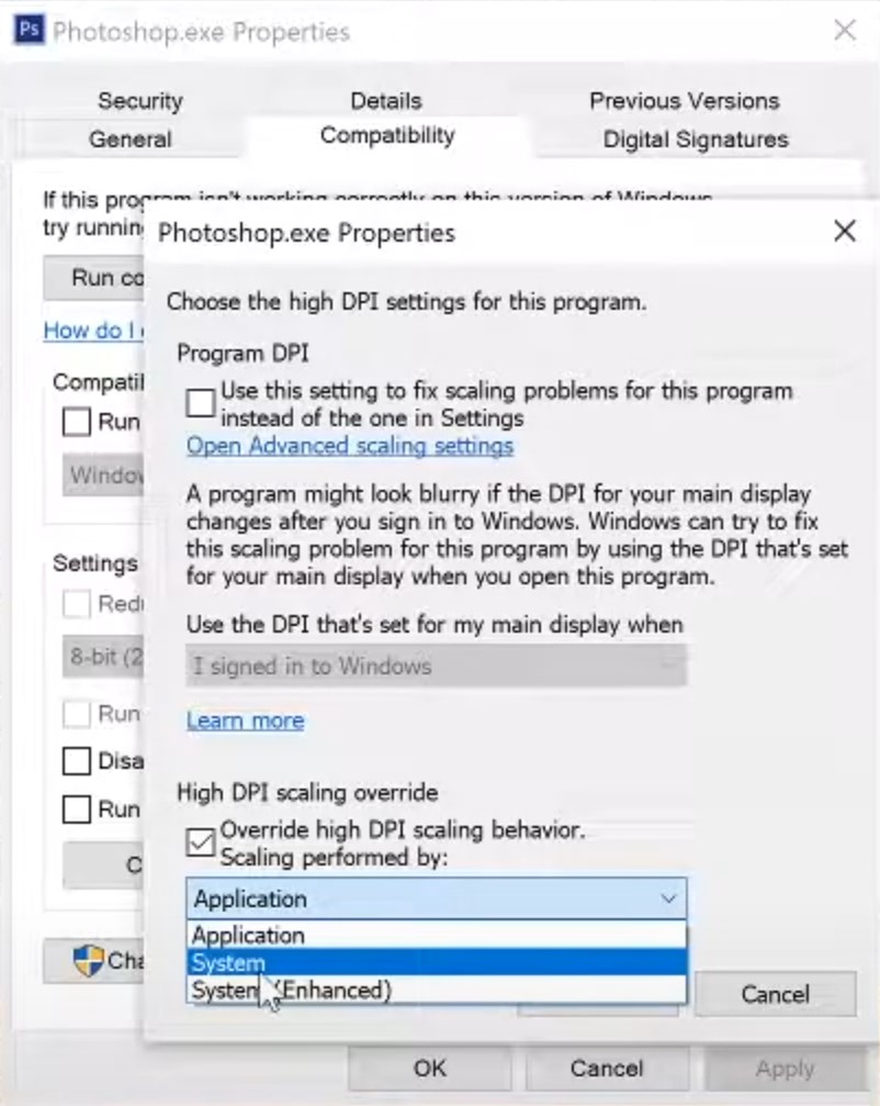 Photoshop.exe compatibility properties high dpi scaling override