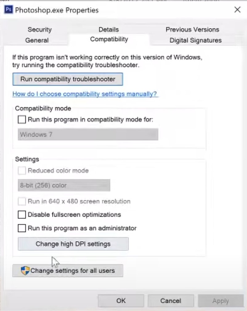 Photoshop.exe compatibility properties