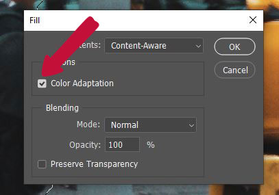 content-aware with color adaptation checked