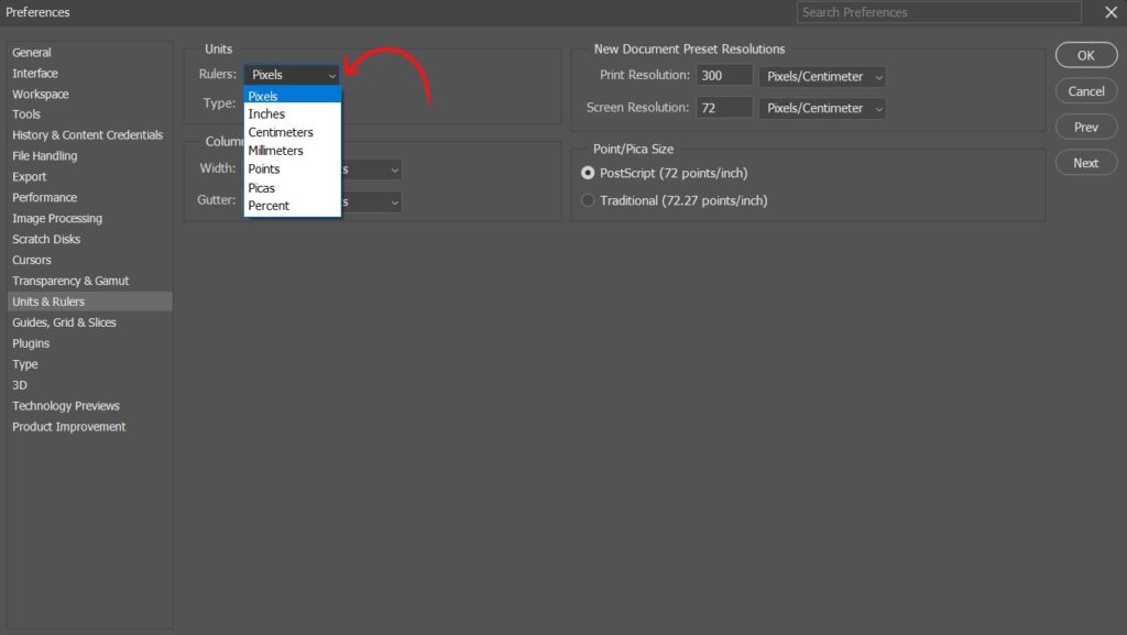 Units & Rulers preference menu in Photoshop