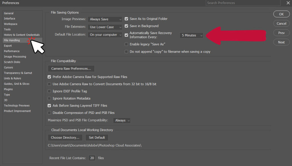preferences photoshop file handling