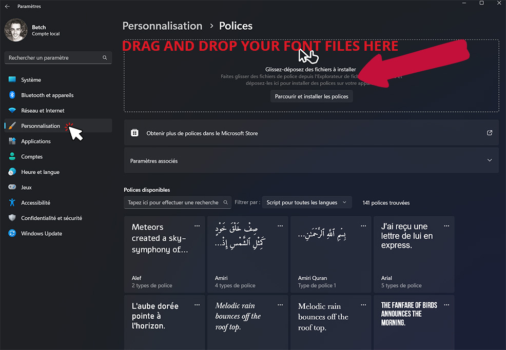 Drag and drop new fonts to install them in windows 11