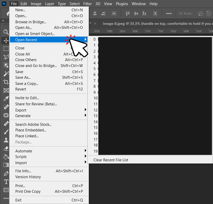 recently open document photoshop menu