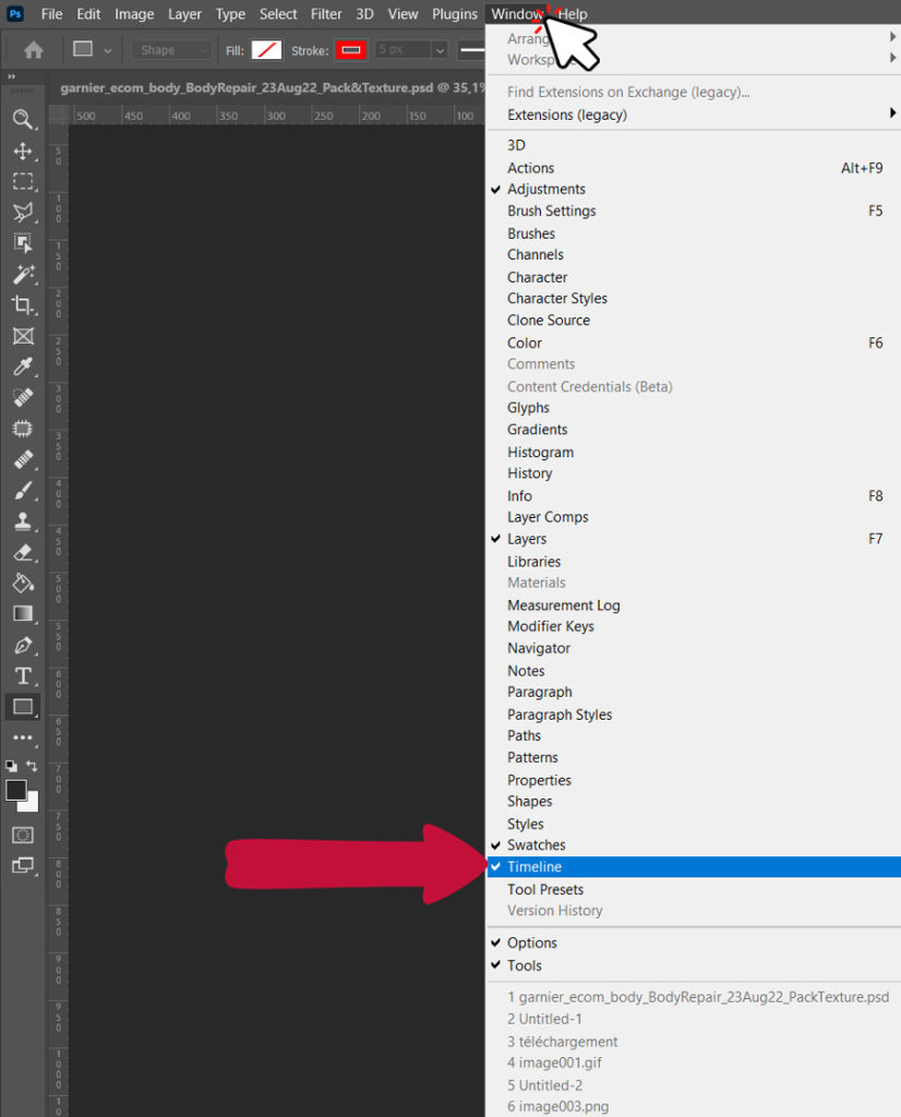 turn on timeline window in photoshop